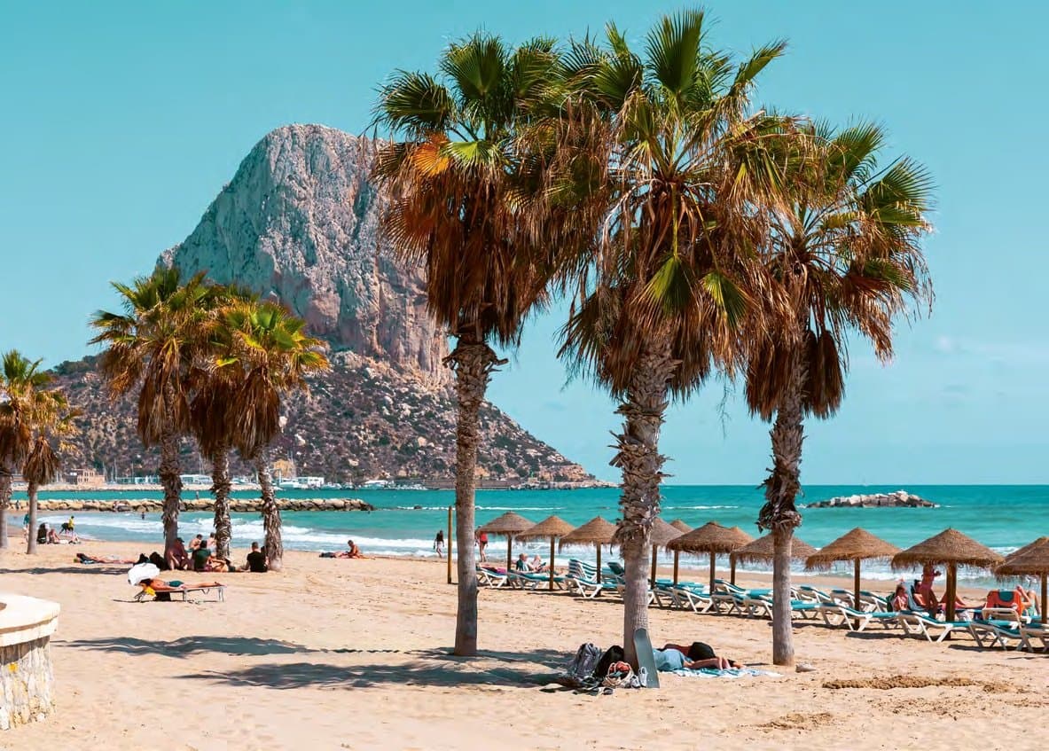 Palmen op het strand van Calpe met de Peñón de Ifach op de achtergrond