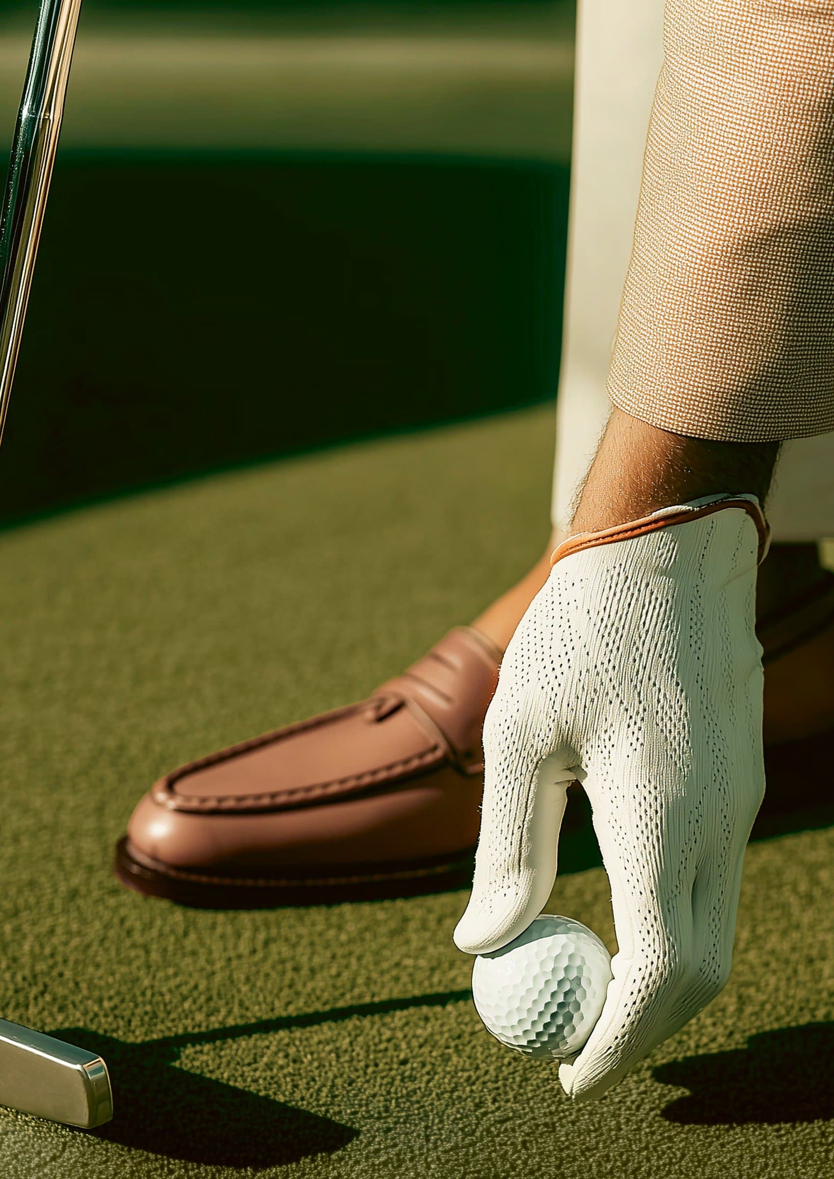 Golfbal en handschoen op de green